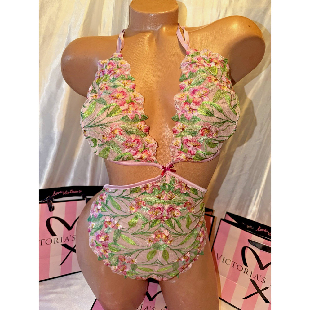 Victorias Secret Satin Teddy Romper Embroidered Flower XL Last One